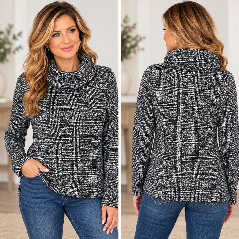 J Crew Womens M Black White Glen Plaid Cowl Neck Pullover Sweater Cozy Top